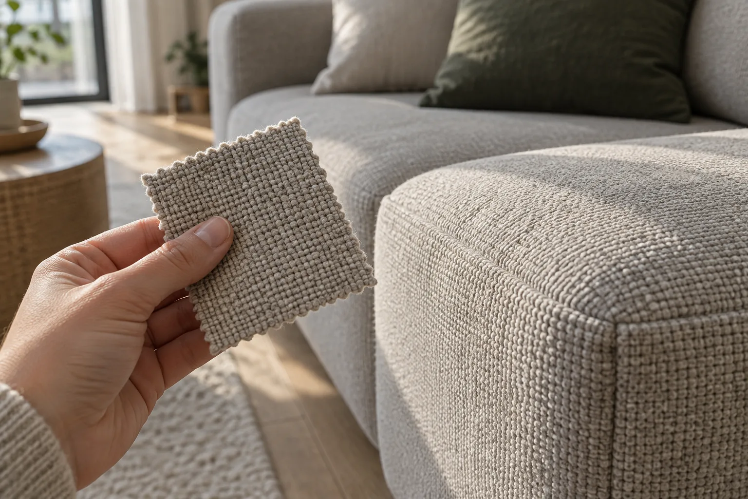 Main examinant le relief et le tissage d’un échantillon de tissu près d’un canapé.