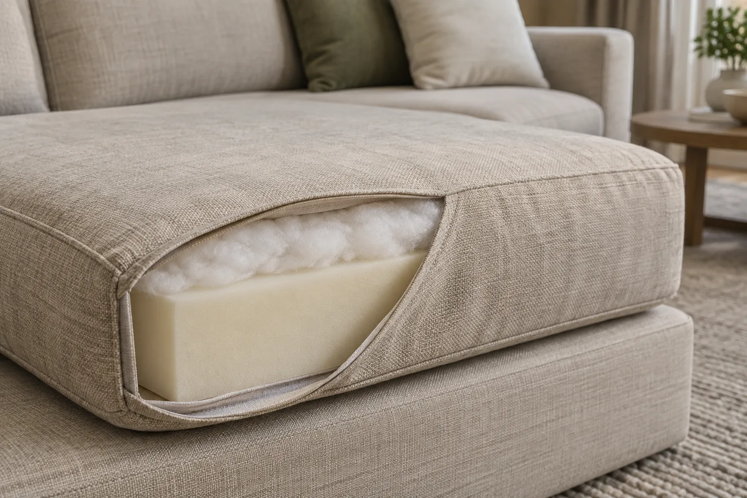 Coussin de canapé montrant le revêtement textile et le garnissage intérieur.