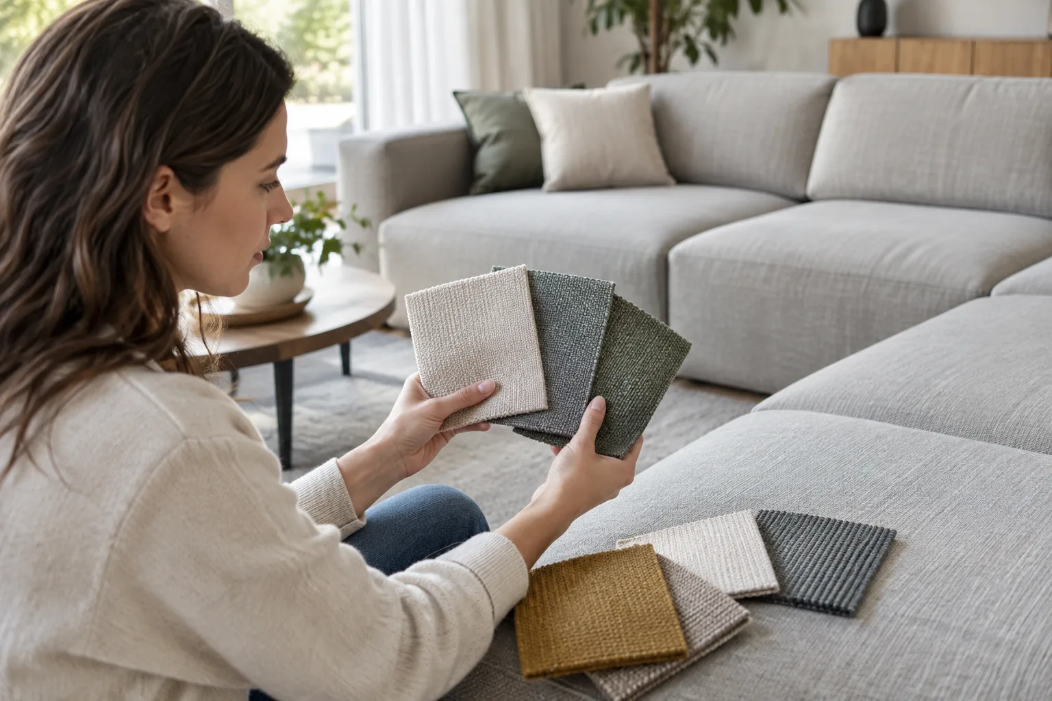 Plusieurs échantillons de tissus d’ameublement comparés devant un canapé modulable.