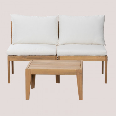Canapé modulable Filips avec fauteuils blancs et table basse en acacia