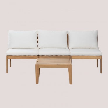 Canapé modulable Filips avec trois fauteuils en acacia et table basse blanche