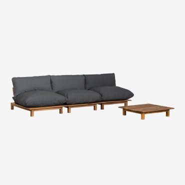 Canapé modulable Brina en acacia avec coussins graphite et table basse