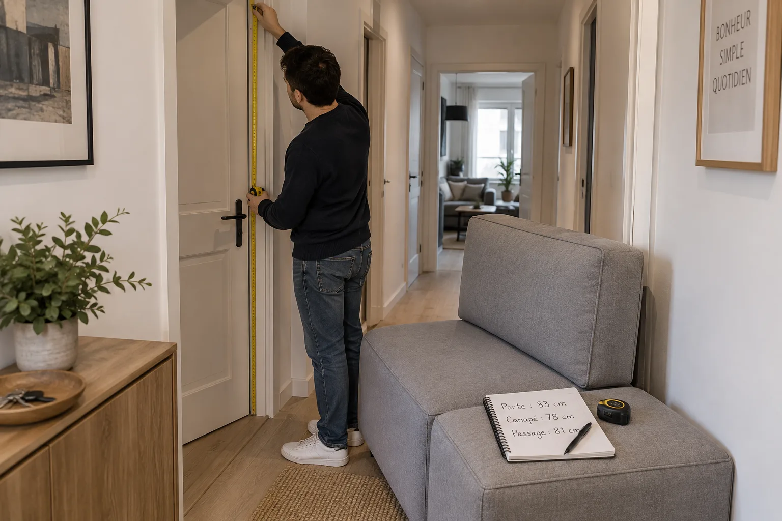 Une personne mesure la largeur d’une porte intérieure avec un mètre ruban avant l’arrivée d’un module de canapé.