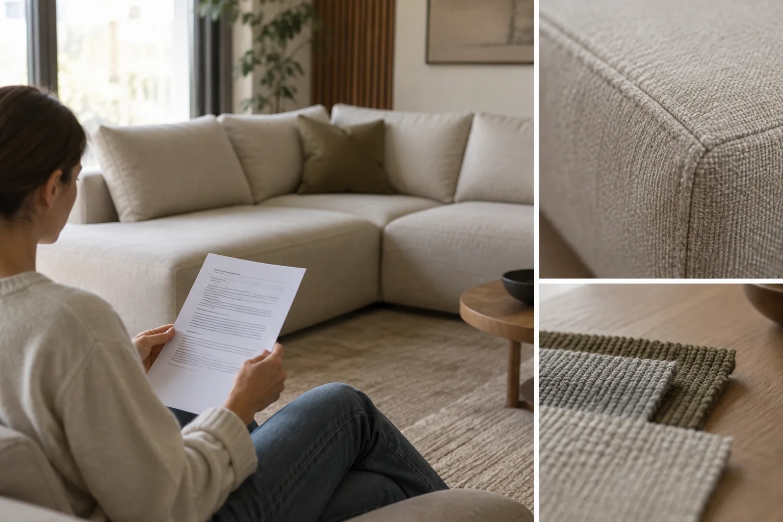 Une personne consulte une feuille de garantie près d’un canapé modulable en tissu et d’un échantillon montrant une couture.