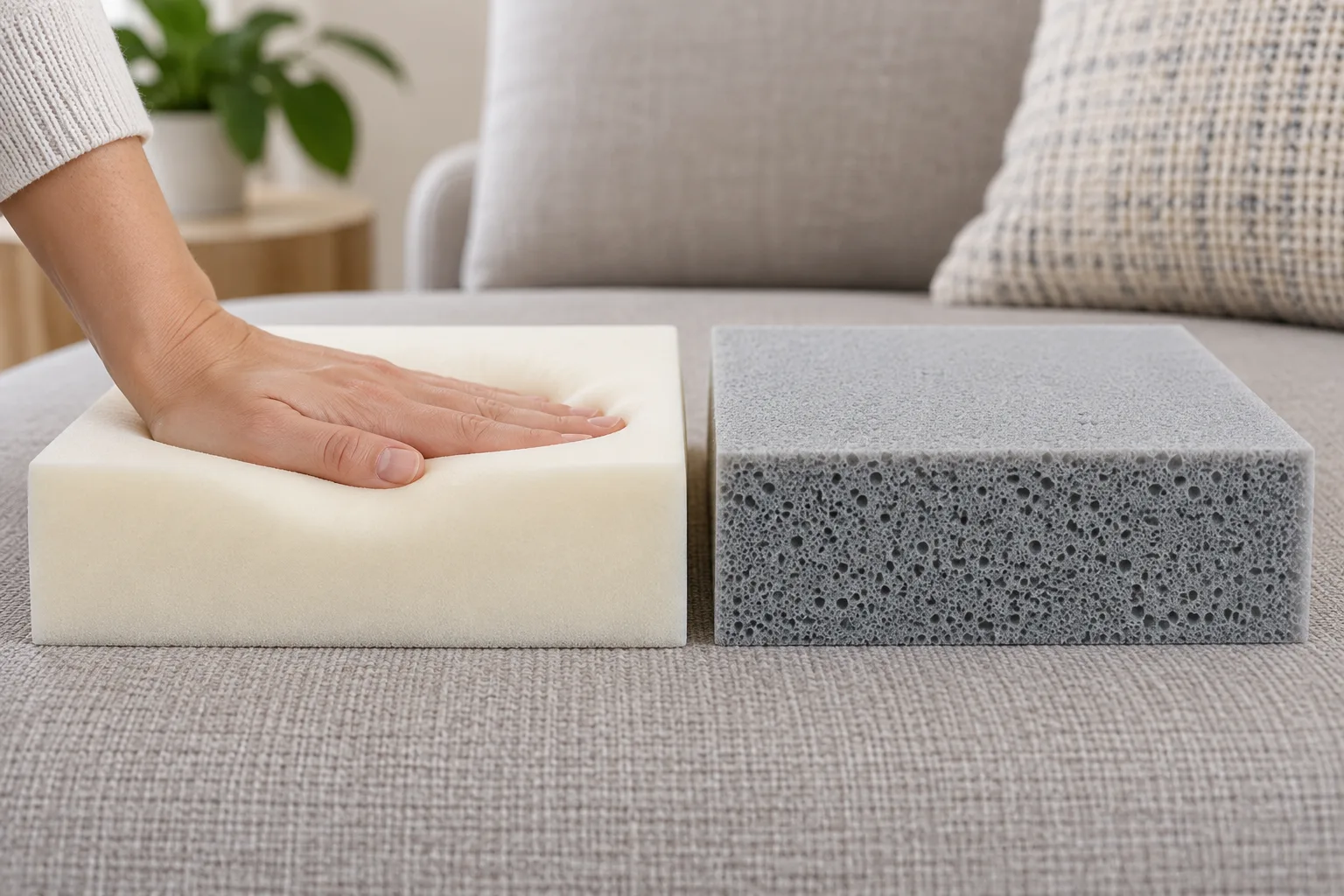 Deux blocs de mousse destinés à des coussins de canapé sont présentés côte à côte, tandis qu’une main comprime légèrement l’un d’eux.