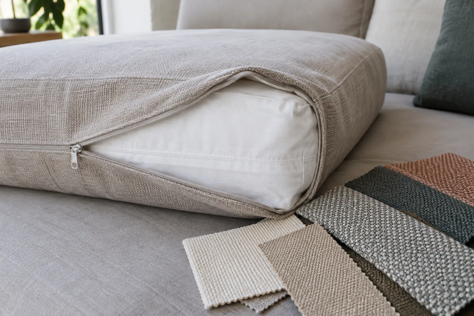 La housse partiellement retirée d’un coussin de canapé laisse voir sa fermeture et sa couture, à côté d’échantillons de tissus.