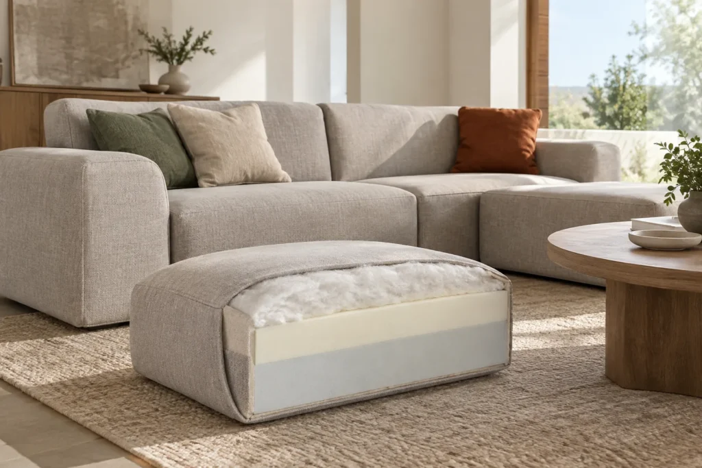 Un coussin d’assise de canapé modulable ouvert révèle une âme en mousse entourée d’une couche de fibres, près du canapé en tissu.