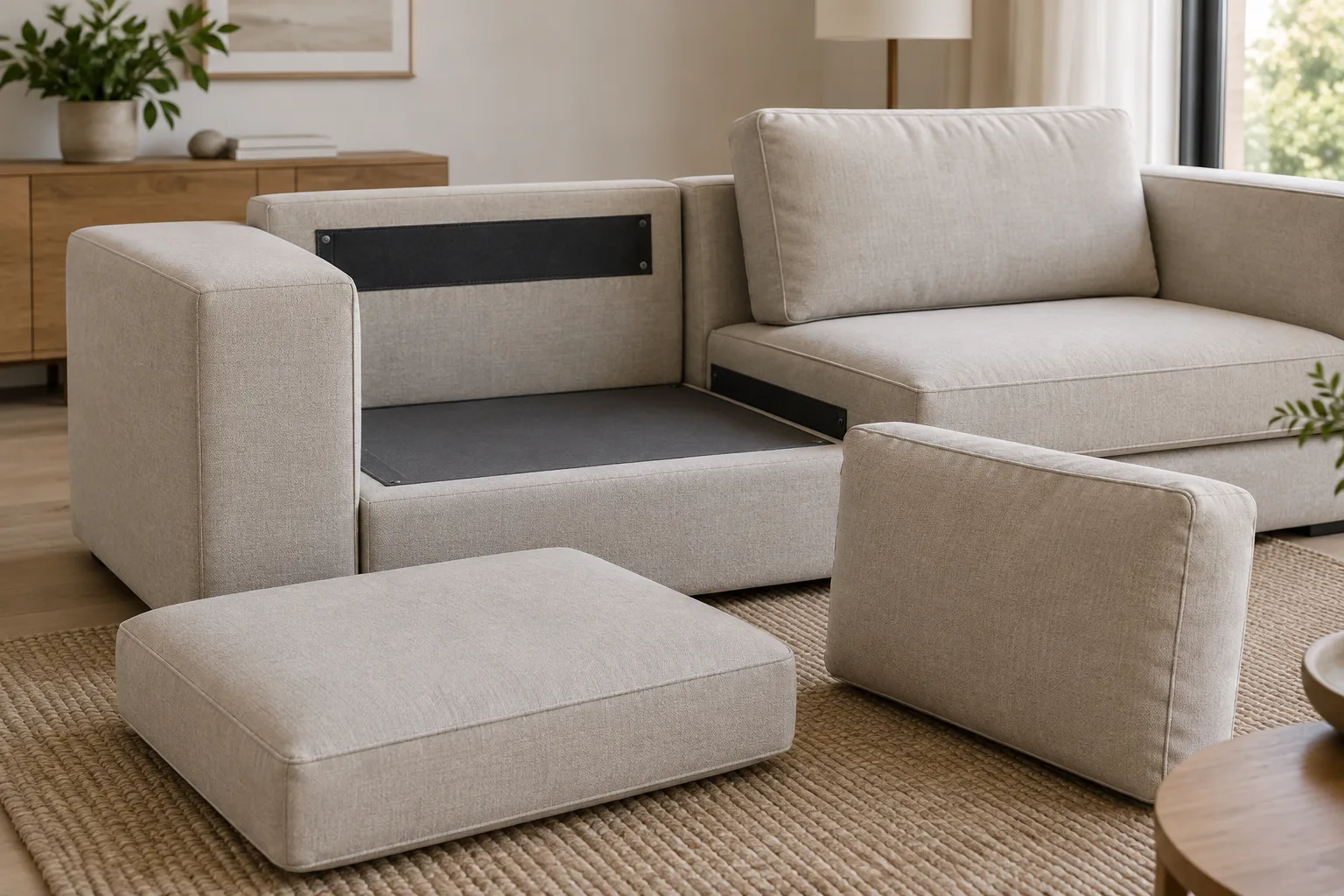 Des coussins d’assise et de dossier sont posés à côté des modules d’un canapé.