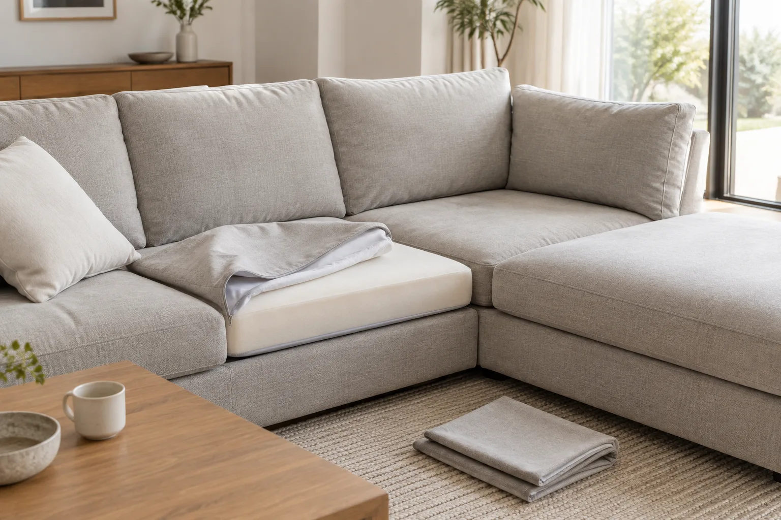 Une housse de coussin retirée est posée à côté d’un canapé modulable dont l’assise est découverte.