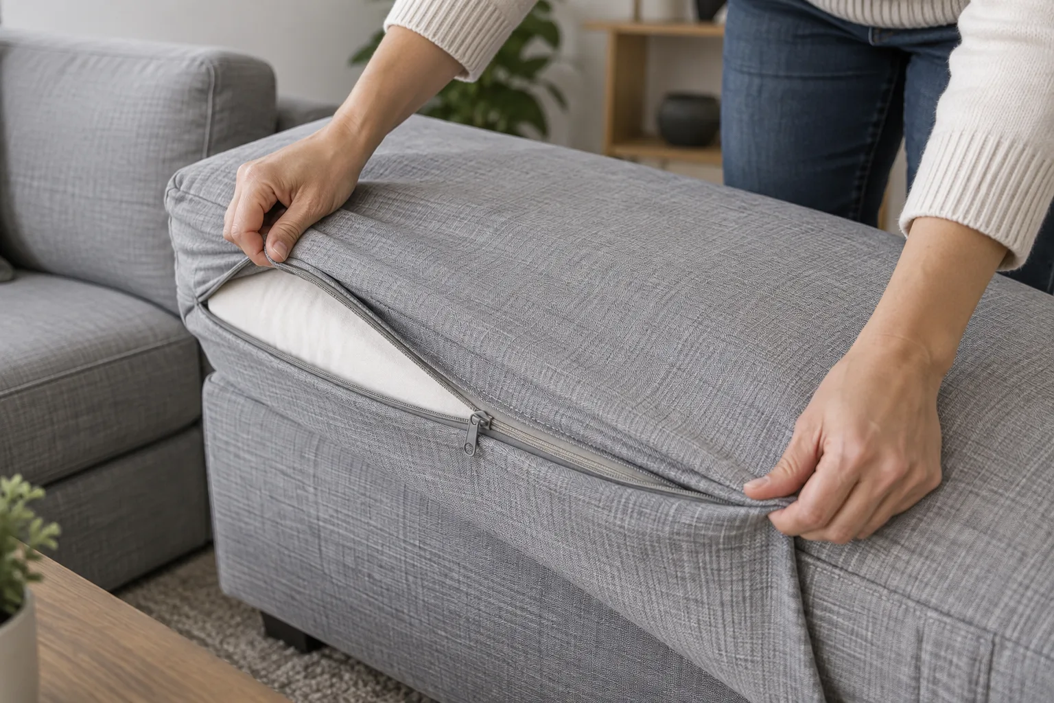 Une personne ajuste une housse en tissu sur un coussin de canapé, près de la couture.