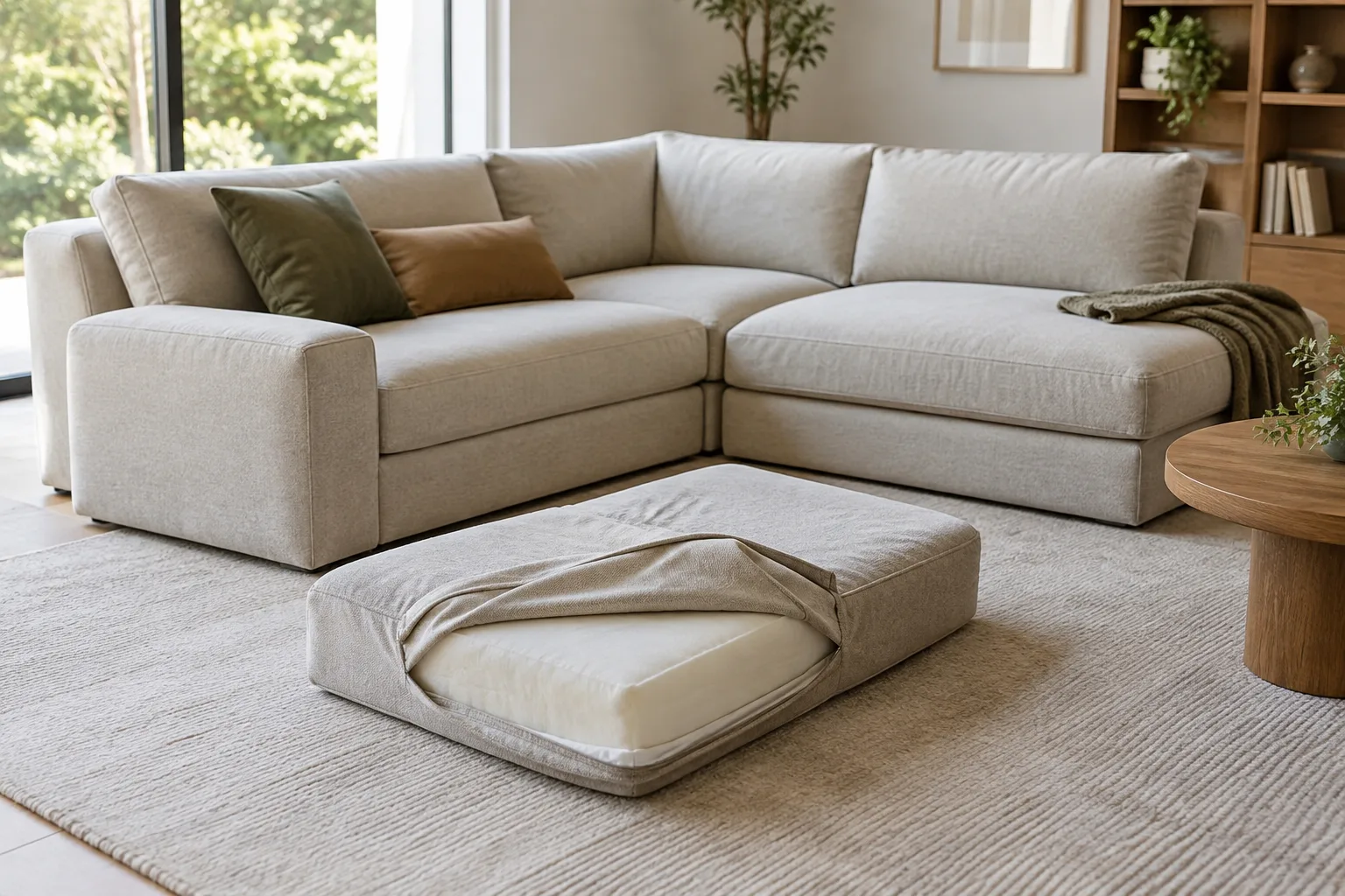 Un coussin d’assise de canapé modulable est posé à côté de sa housse retirée.