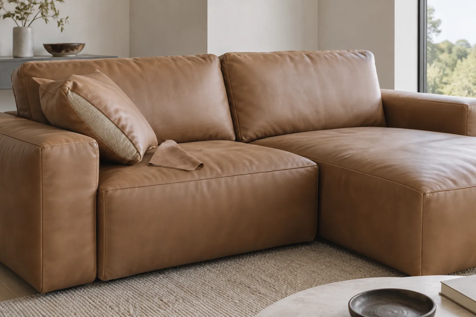 Canapé modulable brun clair en imitation cuir avec un coussin déplacé et une chute de revêtement posée devant.