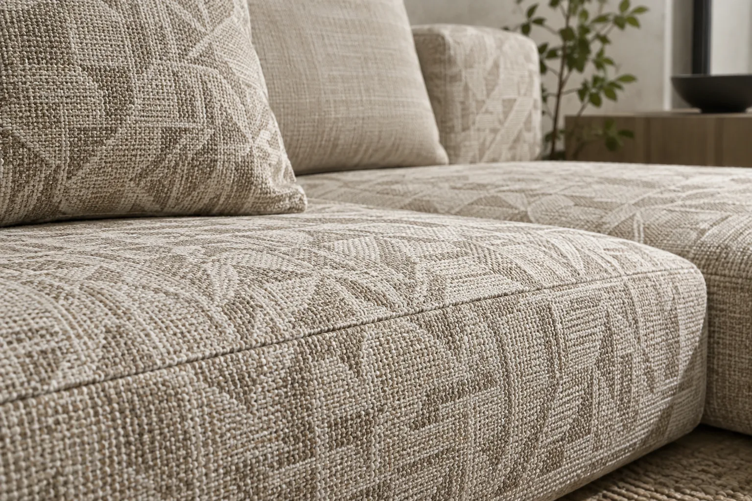 Détail d’un tissu jacquard à motif géométrique tissé sur l’assise d’un canapé modulable.