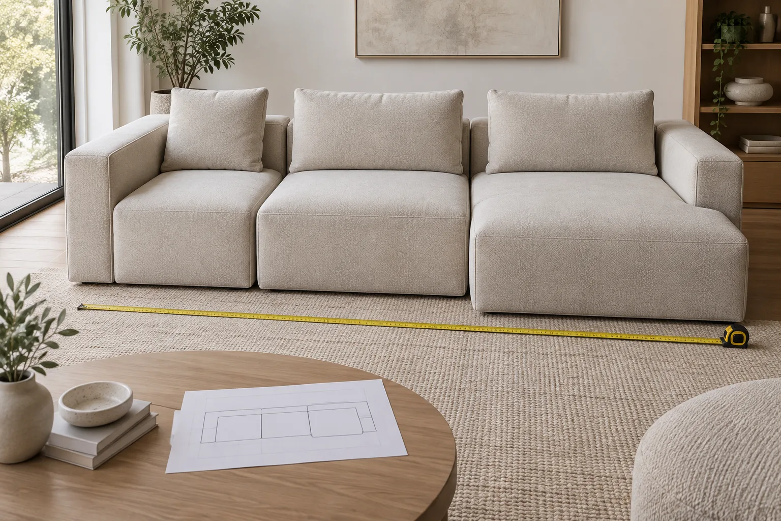 Trois modules de canapé de largeurs différentes sont alignés dans un salon, avec un mètre ruban devant les assises.