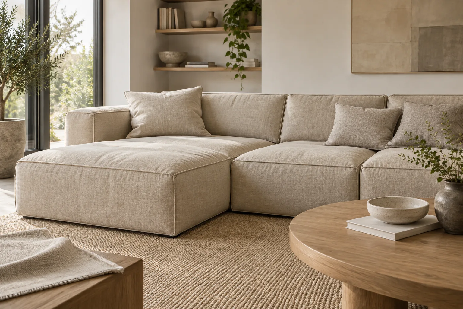 Canapé modulable beige en tissu de lin, avec un échantillon montrant le relief du tissage.