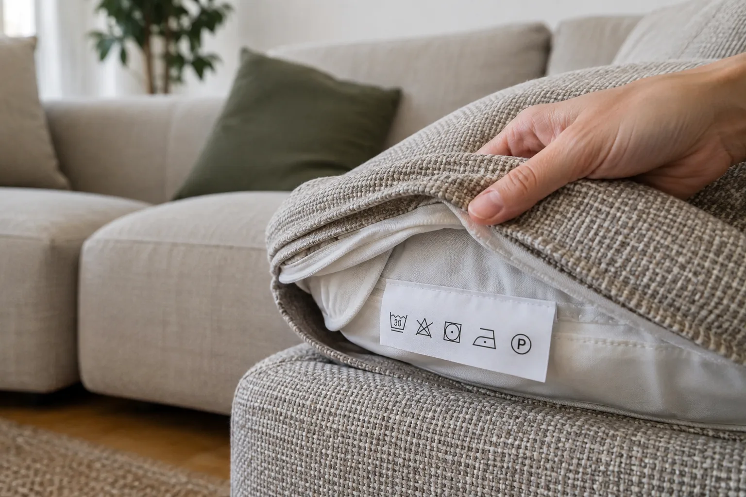 Étiquette d’entretien avec des pictogrammes cousue à l’intérieur de la housse en tissu d’un canapé modulable.