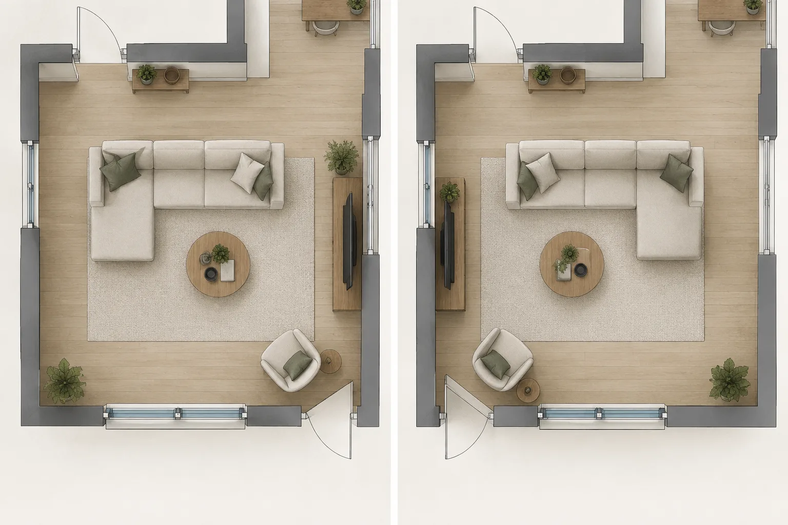 Deux plans de salon comparent un canapé avec méridienne à gauche et à droite, en indiquant une porte, une fenêtre et les passages.