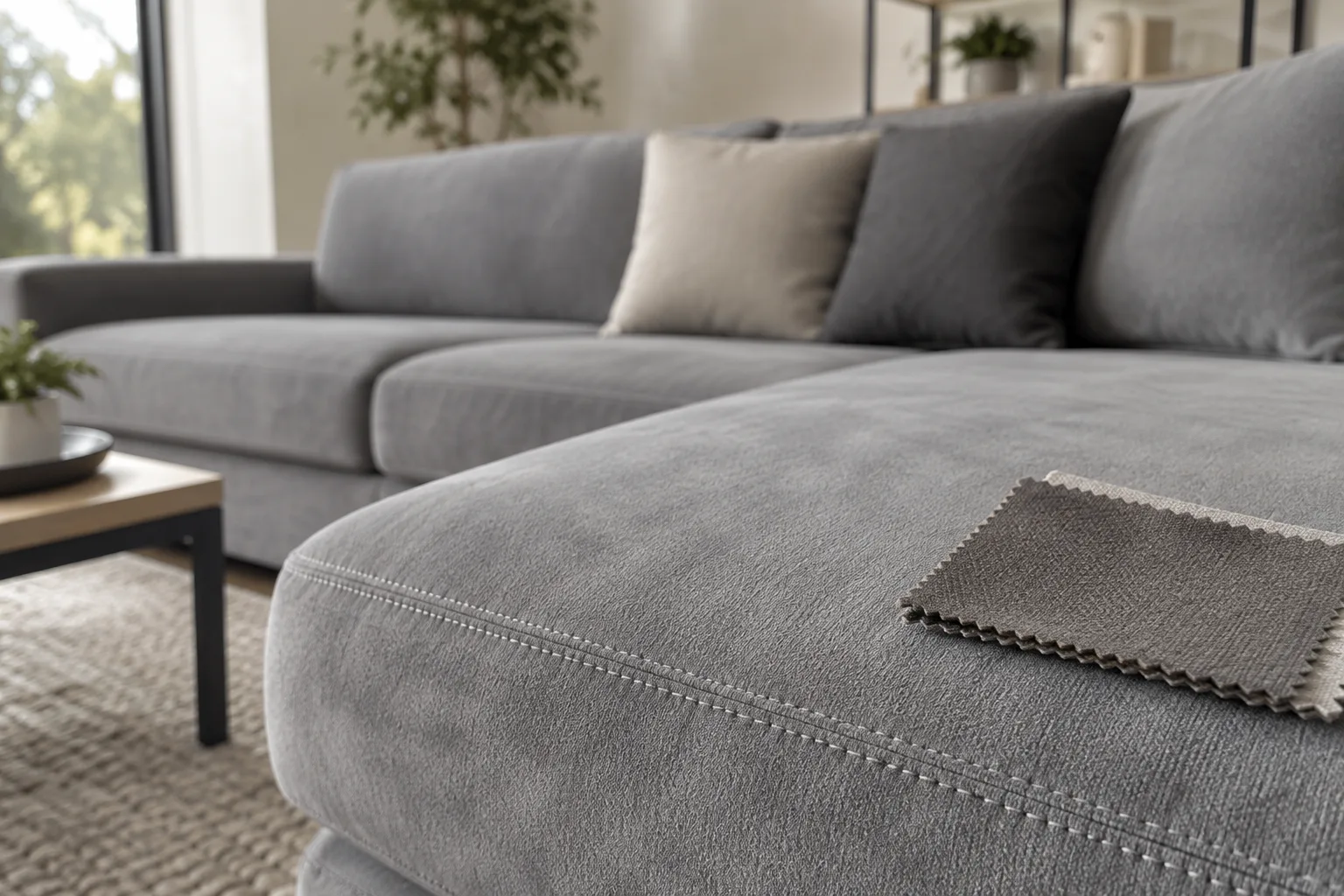 Gros plan sur le tissu gris en microfibre et la couture d’un canapé modulable, avec un échantillon posé à côté.