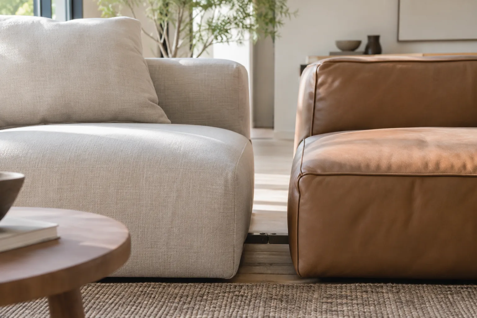 Deux éléments d’assise modulaires de styles différents sont placés côte à côte dans un salon, avec un espace visible entre eux.