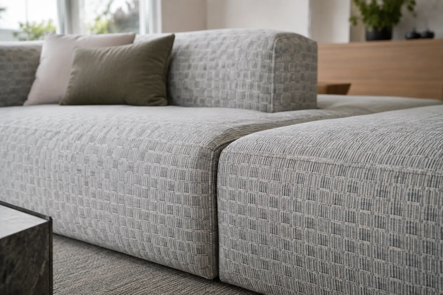 Détail d’un tissu géométrique à motifs au niveau de la couture entre deux modules d’assise.