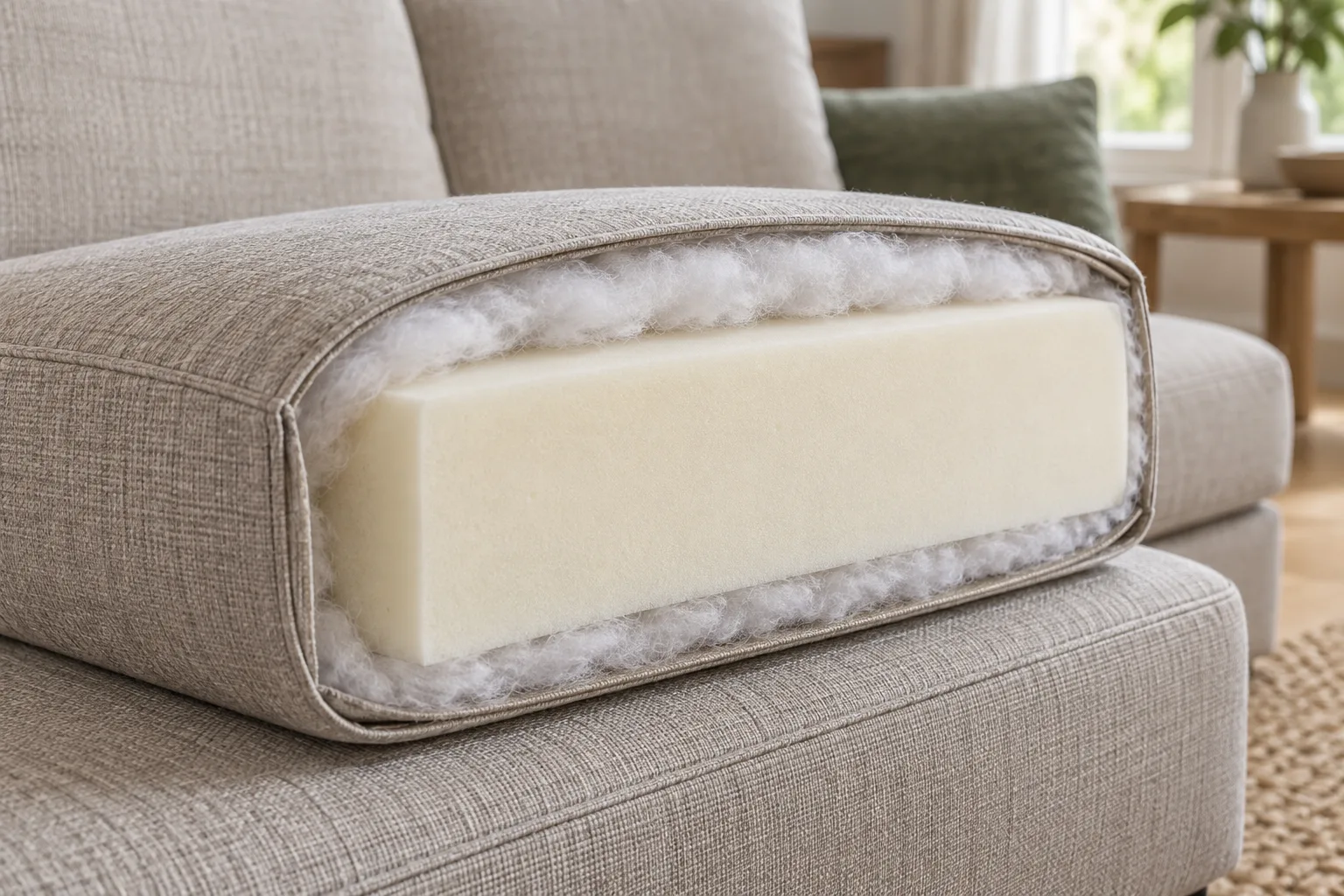 Une coupe de coussin montre un cœur en mousse et une couche d’enveloppement en fibres.
