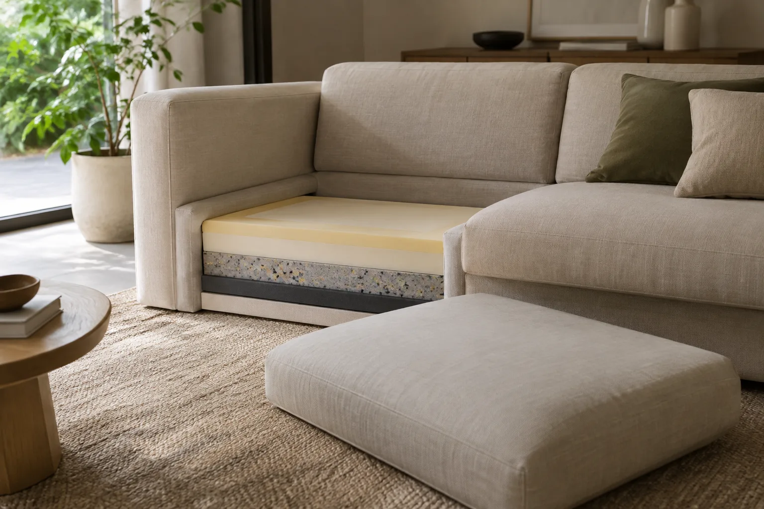 Un coussin d’assise retiré d’un canapé modulable laisse apparaître son bloc de mousse.