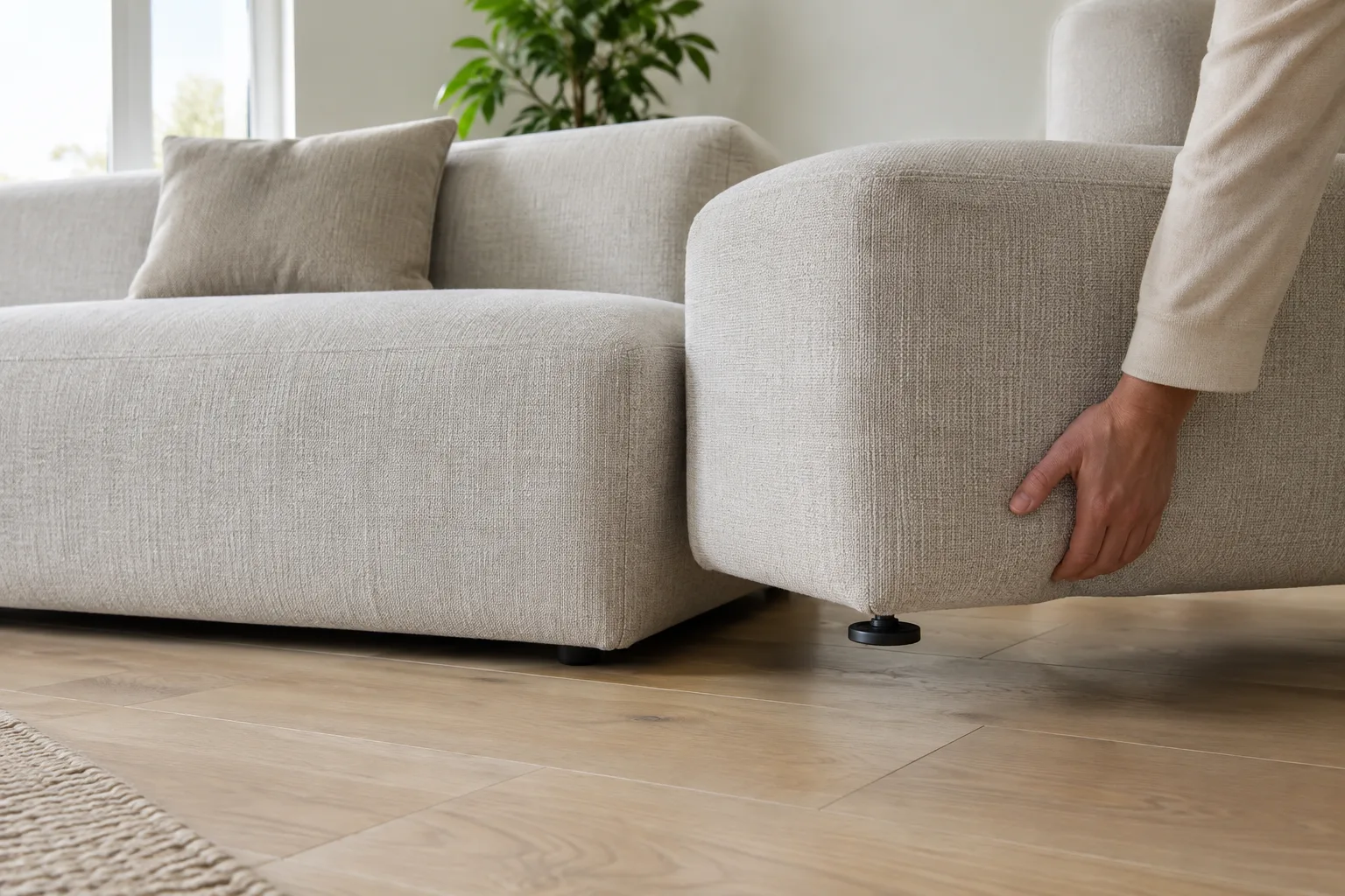 Un module de canapé modulable est soulevé au-dessus d’un parquet clair, laissant voir le patin fixé sous son pied.