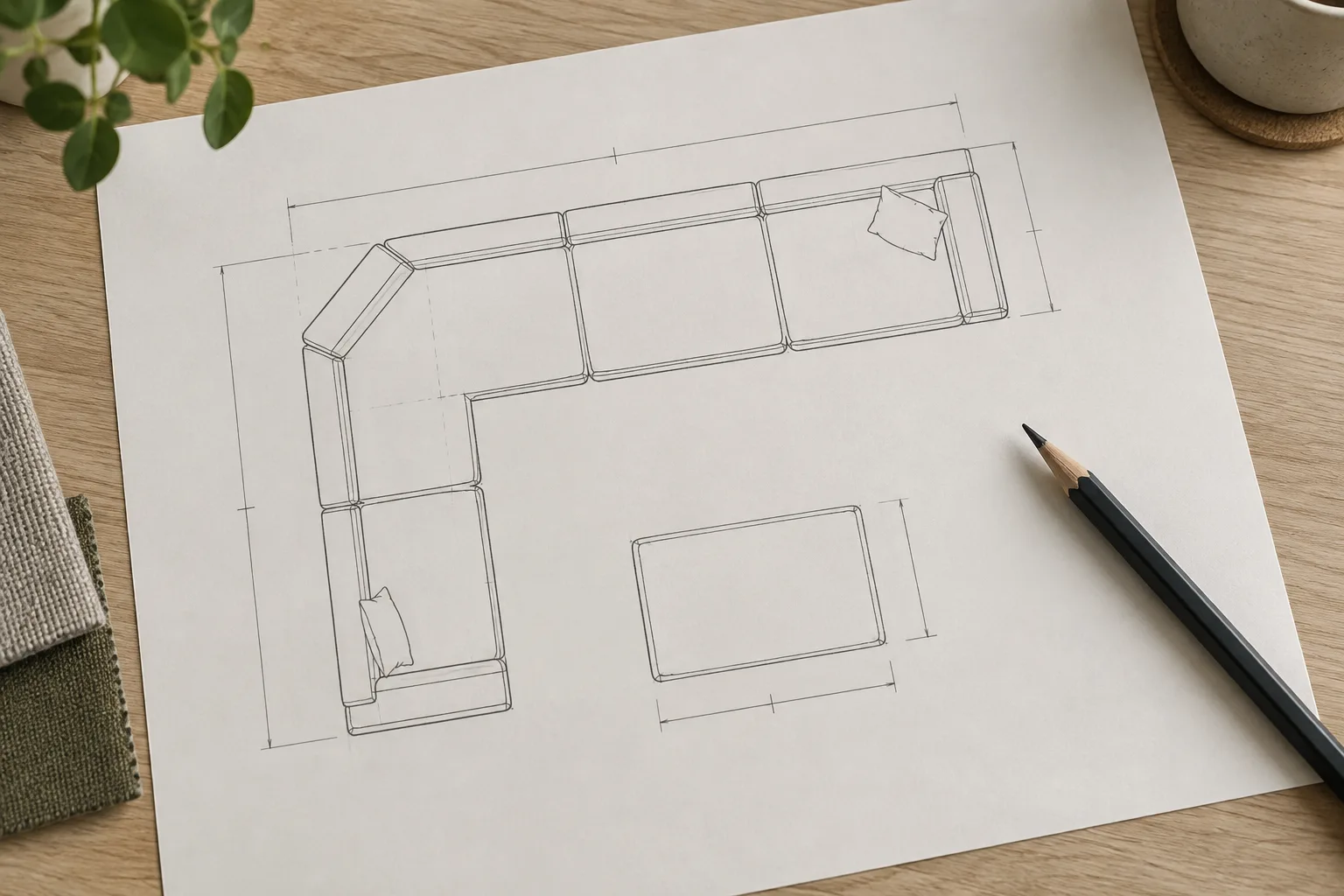 Plan vu du dessus représentant un canapé modulable composé de plusieurs assises et d’un retour d’angle, avec des lignes de cotation.