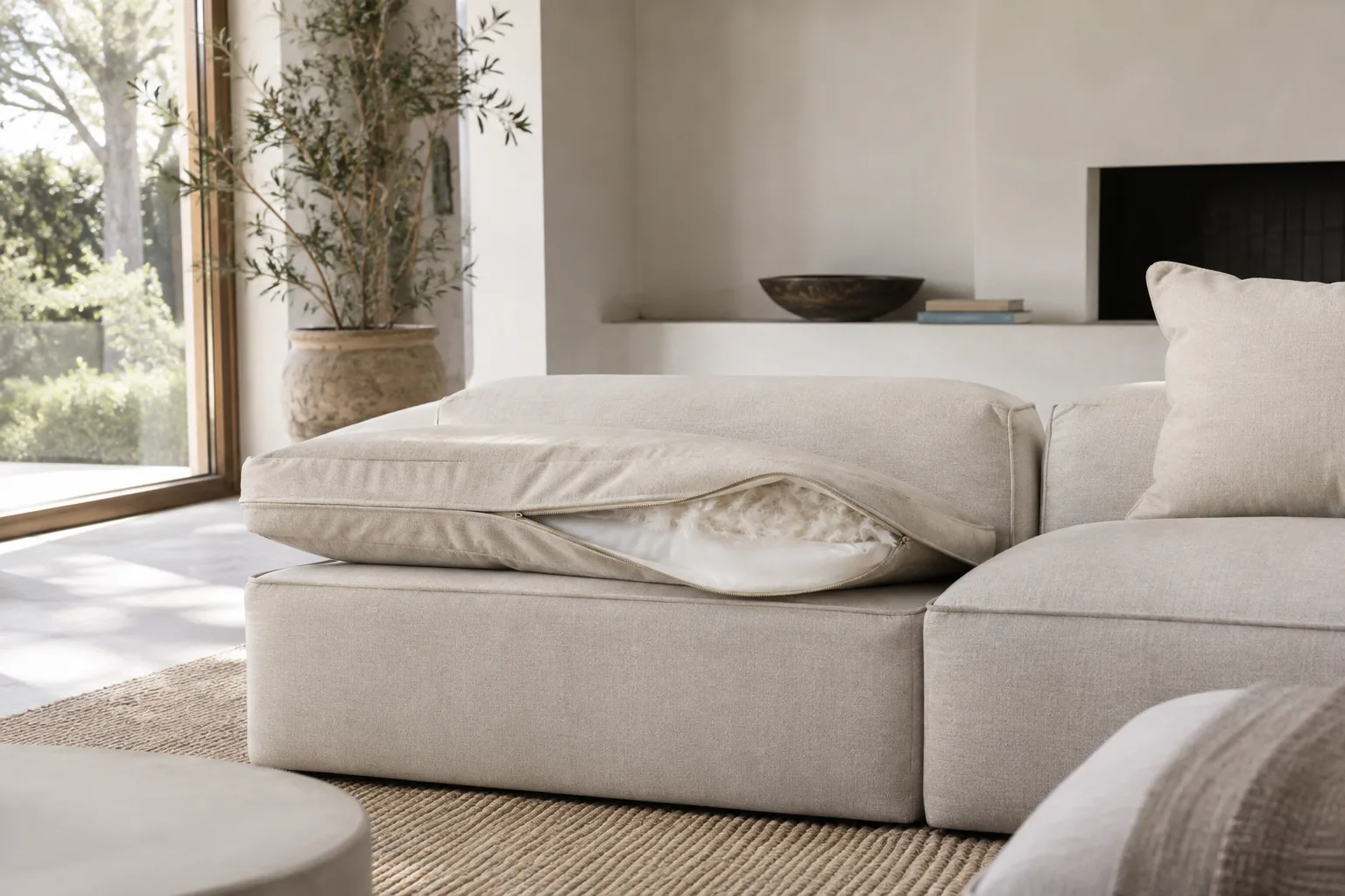 Coussin d’assise d’un canapé modulable entrouvert, laissant apparaître son garnissage de plumes et de duvet.