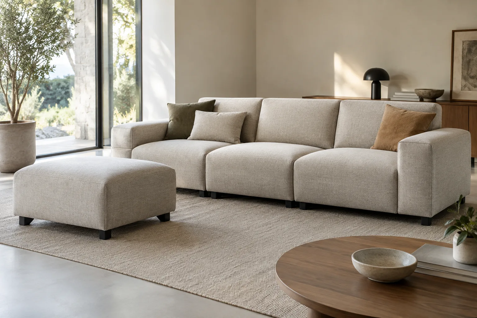 Un pouf assorti est placé à côté d’un canapé modulable dans un salon lumineux.