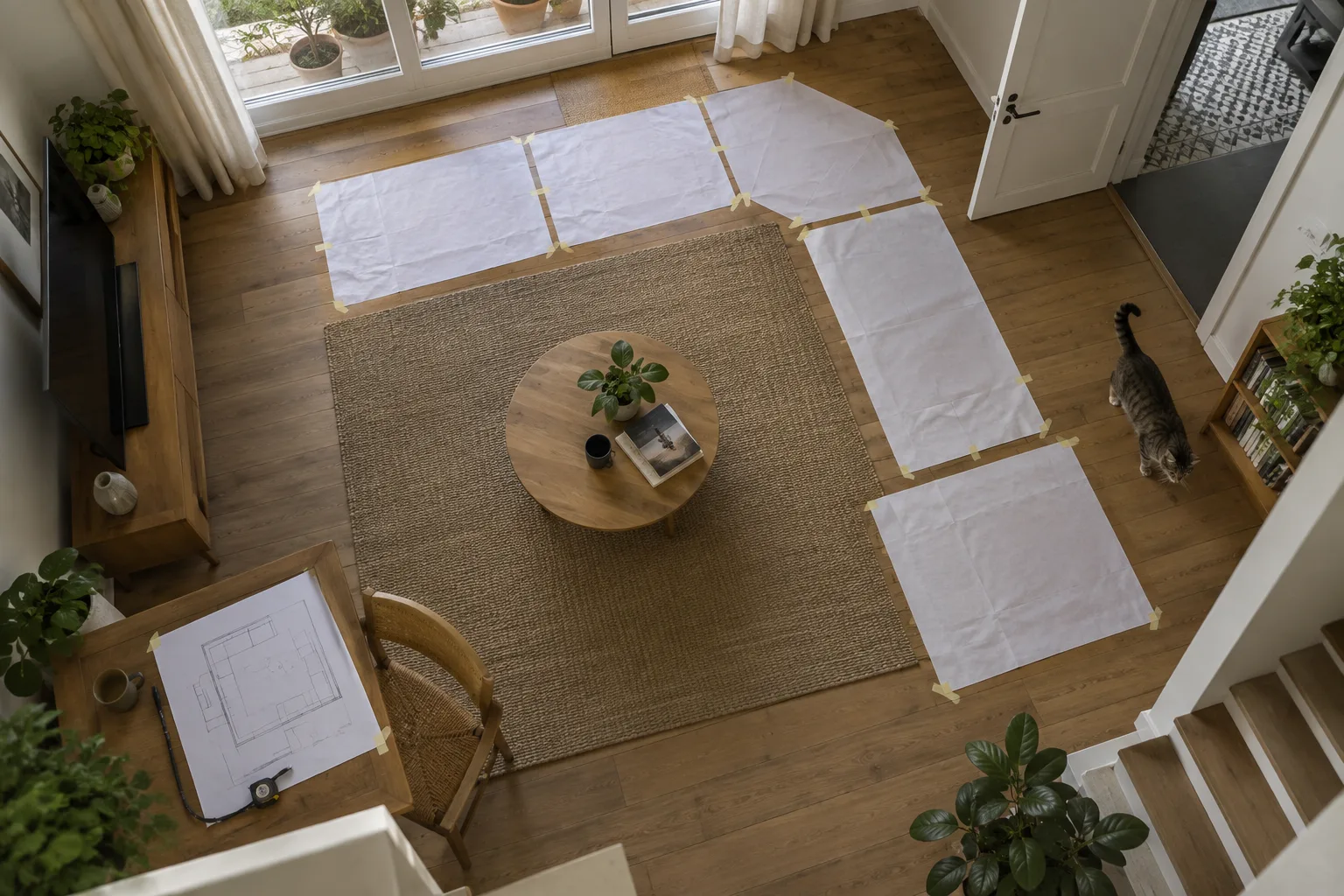 Des gabarits en papier figurent les modules d’un canapé sur le sol d’un salon, à côté d’un plan indiquant une porte, une fenêtre et un passage.