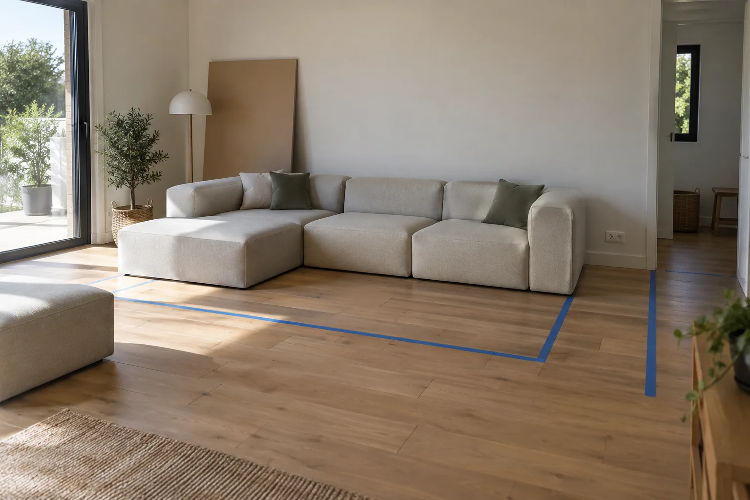Canapé modulable placé près d’une prise murale, avec des repères au ruban de masquage qui délimitent son emprise au sol.