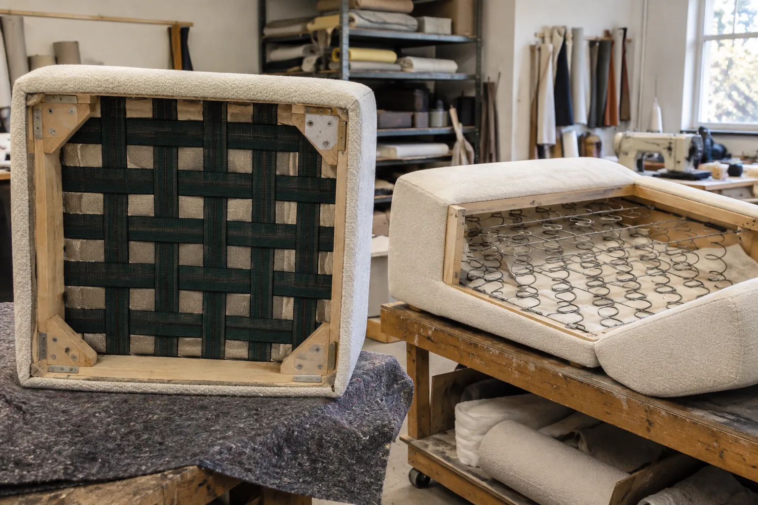 Deux modules d’assise retournés montrent des sangles tendues et des ressorts métalliques sous le garnissage.