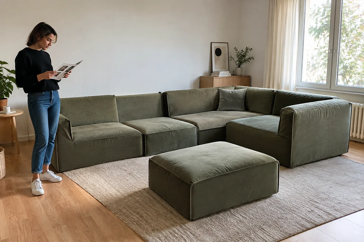 Canapé modulable composé de plusieurs éléments, avec un module séparé près de l’assise principale.