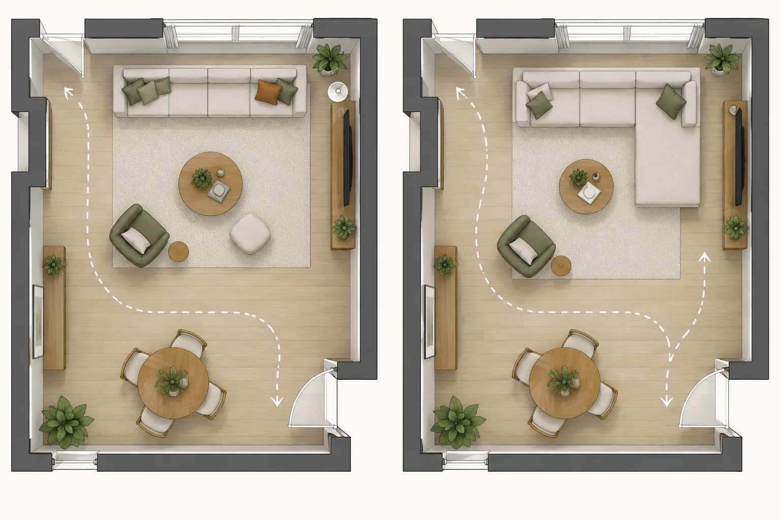 Plan vu du dessus comparant un canapé modulable en ligne à une configuration avec méridienne et passages autour.