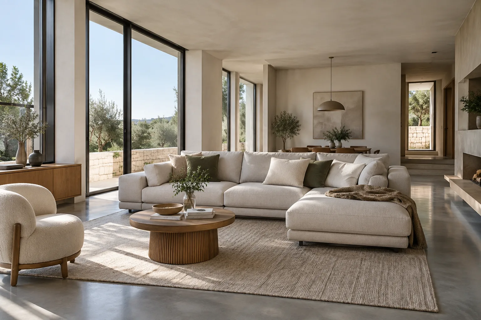 Canapé modulable en tissu installé dans un salon aux surfaces mêlant sol dur, murs dégagés et rideaux.