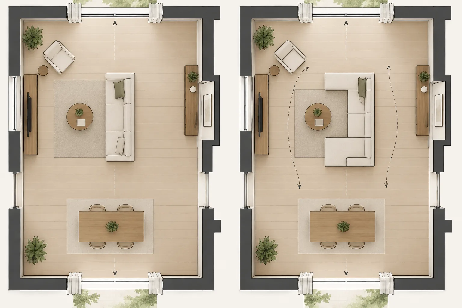 Deux plans comparant un canapé droit parallèle au passage et une composition avec un module d’angle.