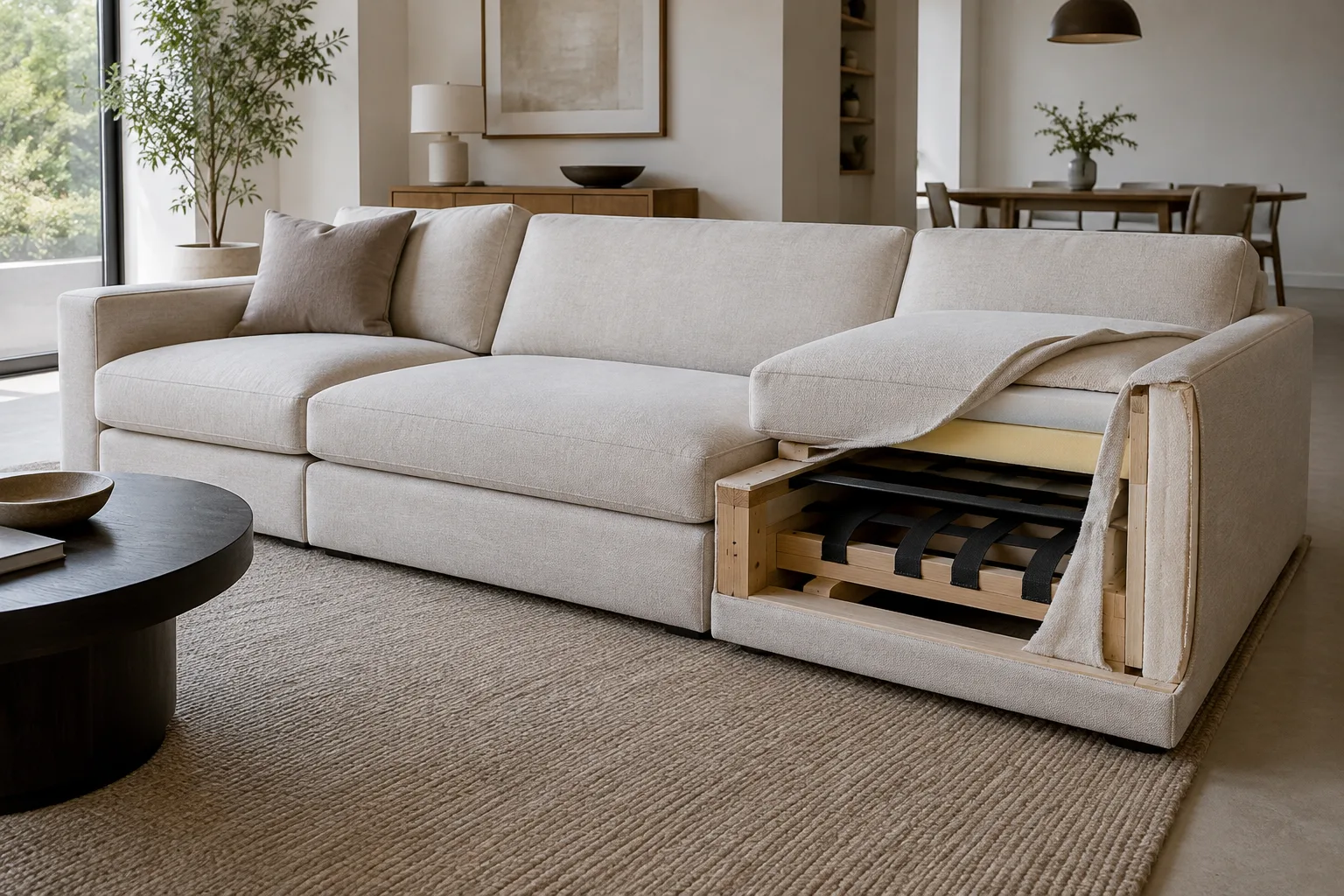 Un canapé modulable dont un panneau de revêtement est retiré, laissant voir le cadre intérieur d’un module.