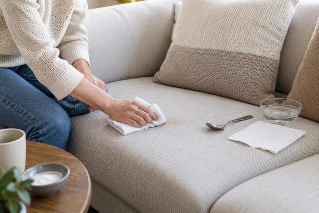 Une personne tamponne une petite tache sur l’assise en tissu clair d’un canapé modulable avec un chiffon blanc.