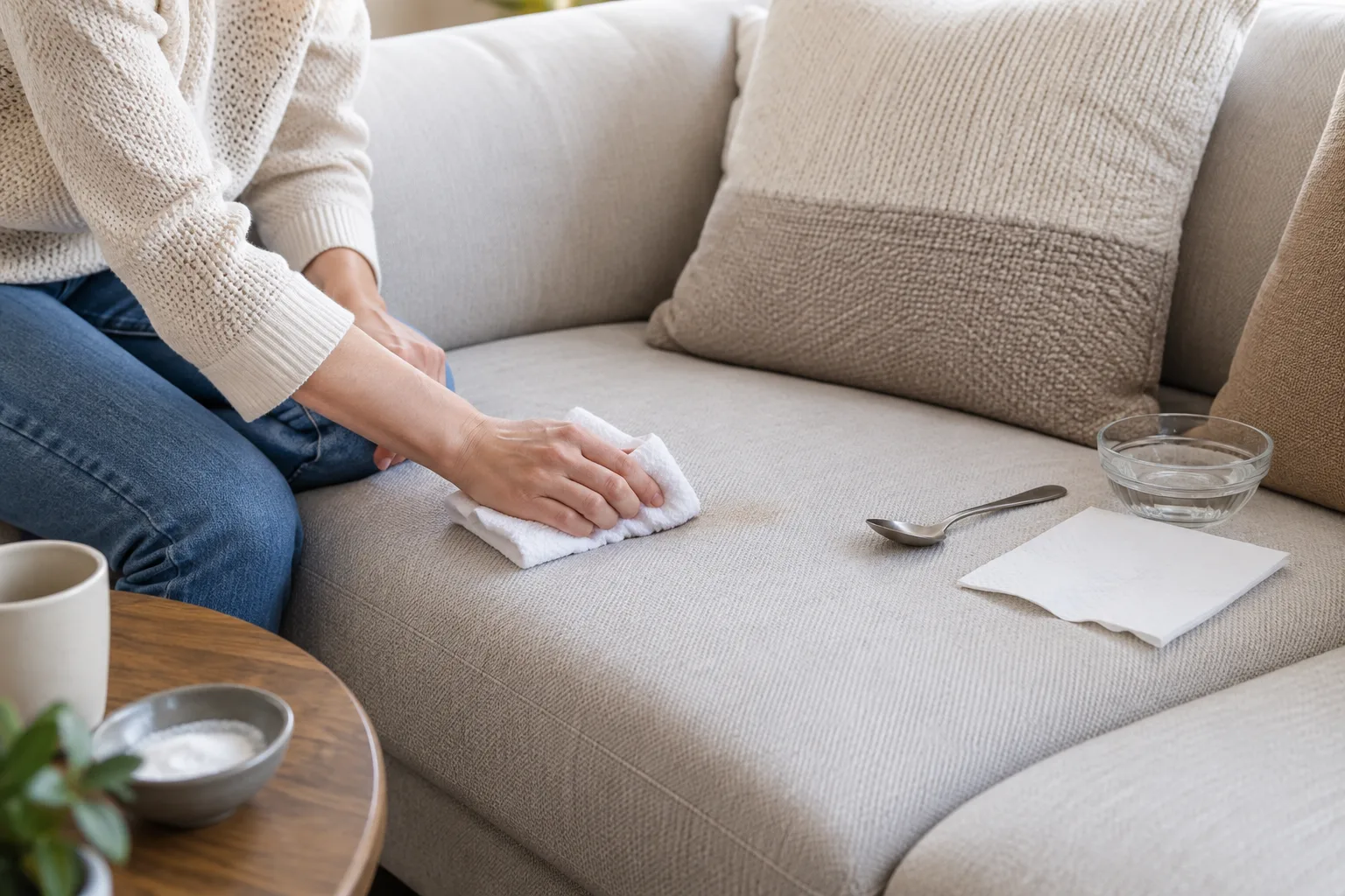 Une personne tamponne une petite tache sur l’assise en tissu clair d’un canapé modulable avec un chiffon blanc.