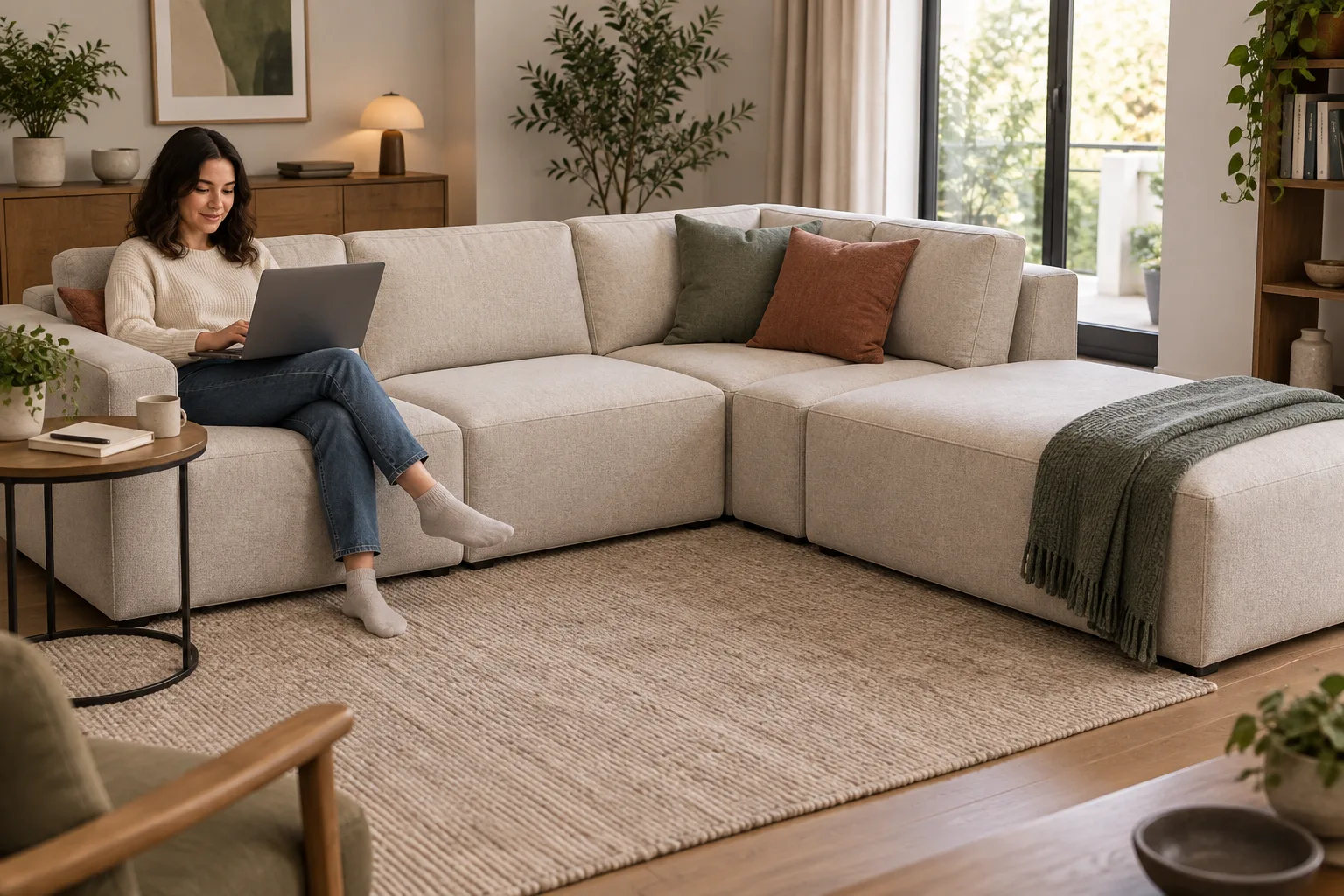 Une personne utilise un ordinateur sur un canapé modulable composé de plusieurs éléments reliés.