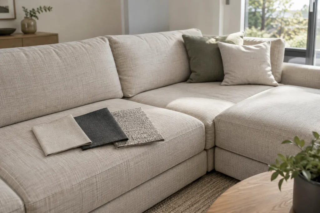 Trois échantillons de tissu clair, foncé et chiné posés sur l’assise d’un canapé modulable.