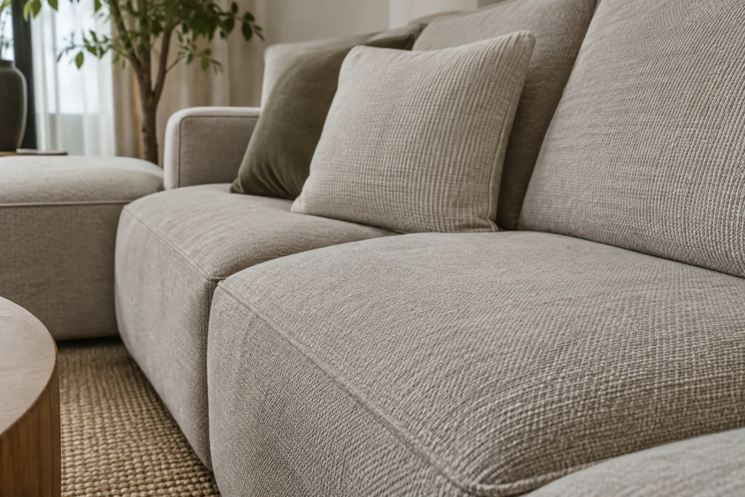 Gros plan sur le tissu tissé d’un canapé modulable, avec l’assise et le dossier visibles.