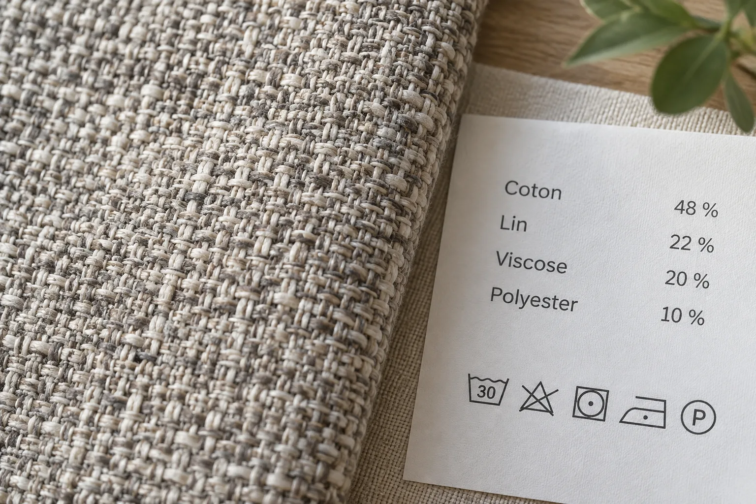 Échantillon de tissu d’ameublement texturé posé près d’une fiche détaillant sa composition en fibres.