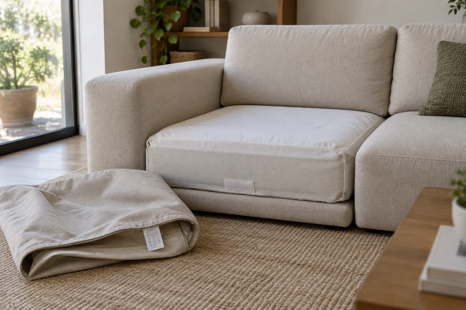 Housse textile retirée d’un module de canapé, avec son étiquette d’entretien visible près de l’assise.