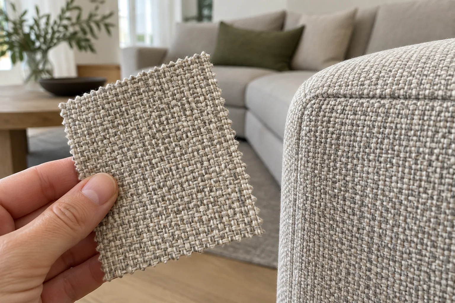 Gros plan sur les fils croisés d’une toile d’ameublement posée près d’un canapé.