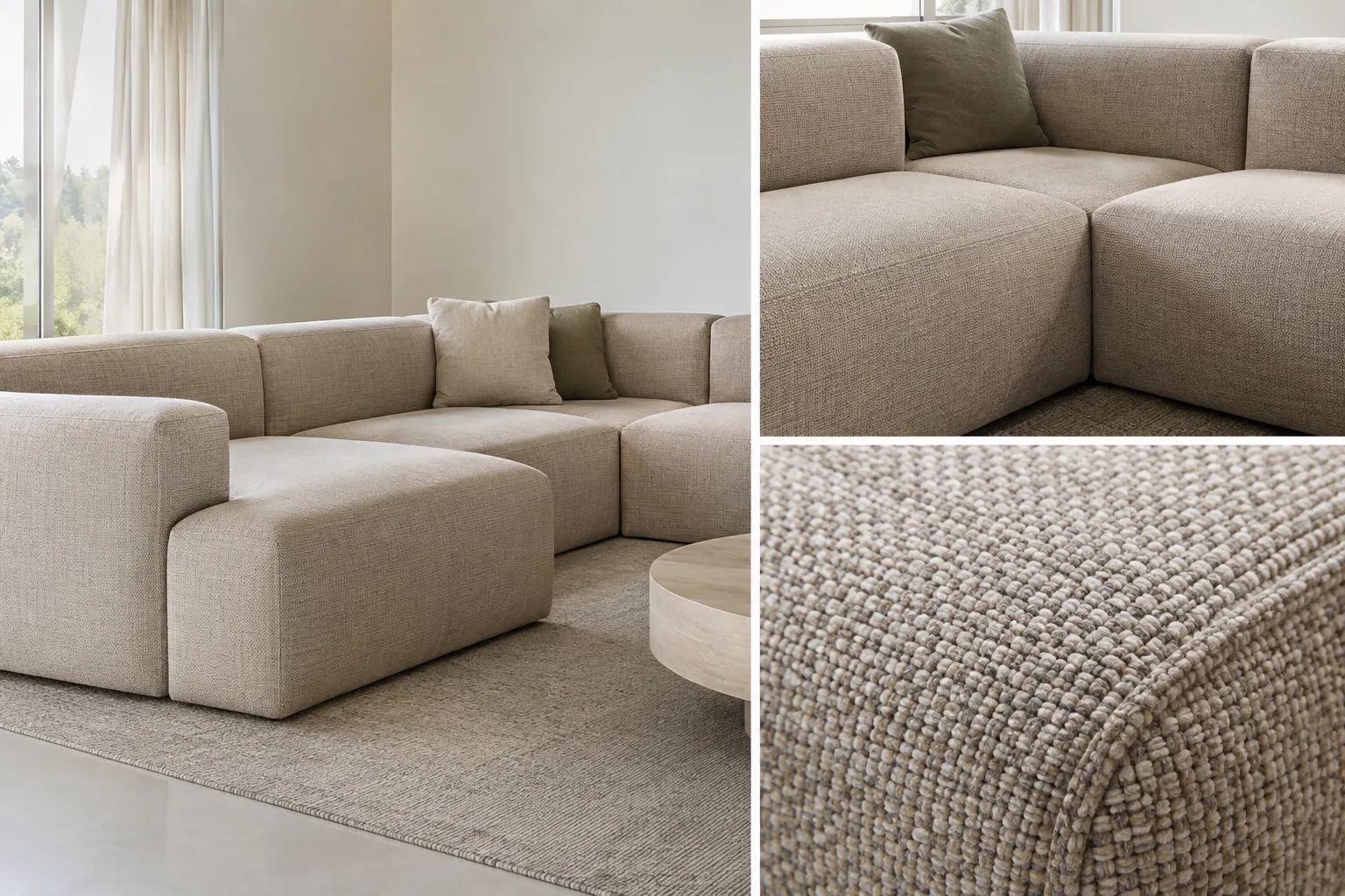 Canapé modulable en toile beige dont le tissage régulier est visible sur l’assise.