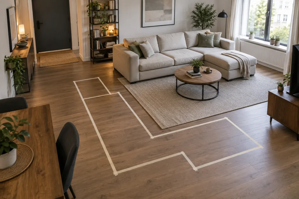 Un canapé modulable dans un salon où des bandes de ruban au sol matérialisent les passages vers une porte.