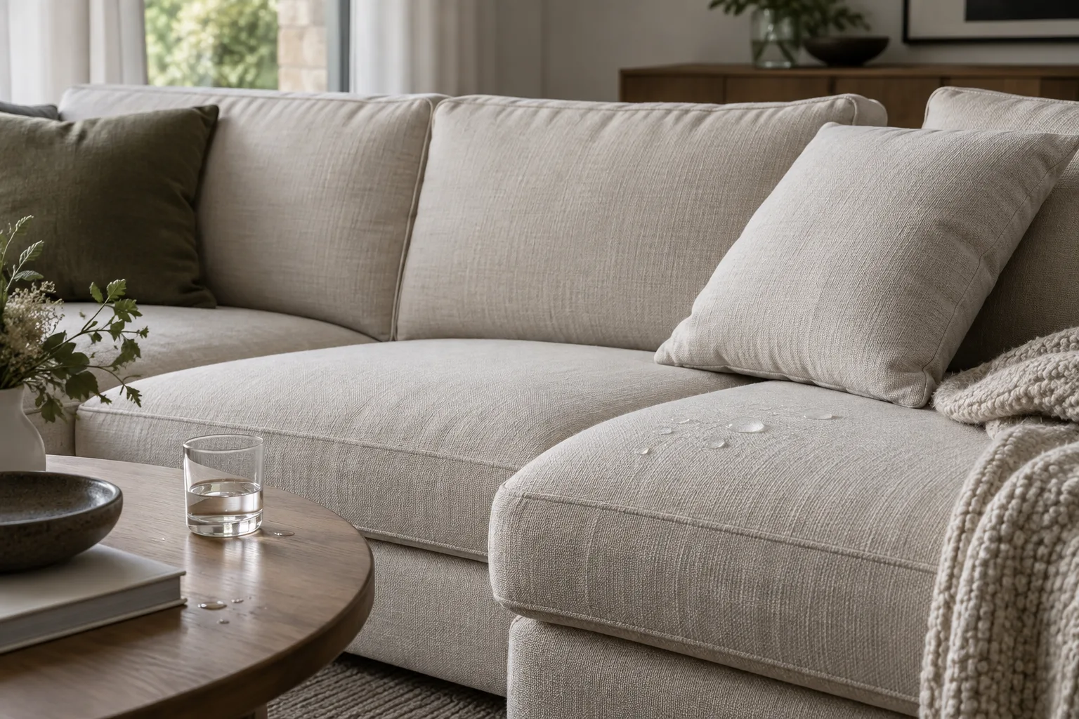 Gouttes d’eau posées sur le tissu texturé d’un coussin de canapé modulable clair.