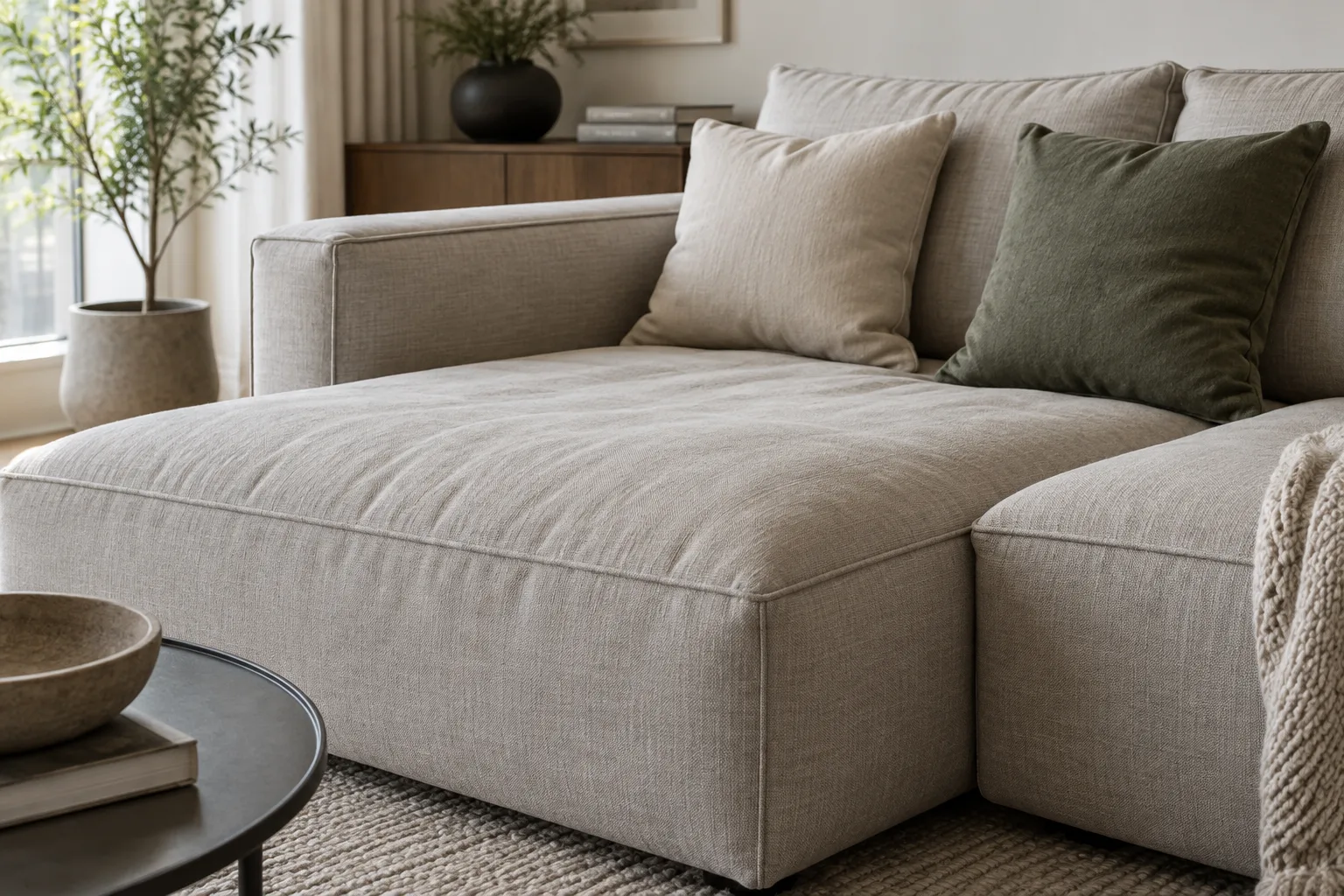 Détail d’une assise de canapé modulable en tissu, avec un pli près d’une couture.